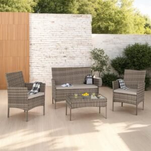 Willow 4 Piece Garden Set – Grey Rattan with Grey Fabric & Clear Glass